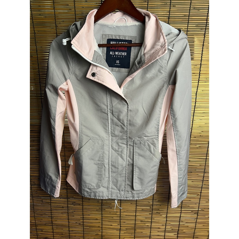 Hollister California All-Weather Jacket Womens XS‎ Grey Pink Hooded Windbreaker